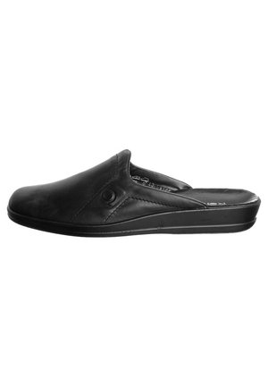 Black leather slip-on shoe with a smooth texture, padded insole, and subtle stitching detail; low-profile sole with rounded shape.