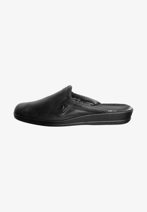 Scarpa nera in pelle senza lacci con una texture liscia, soletta imbottita e dettagli di cucitura discreti; suola a profilo basso con forma arrotondata.