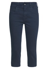 Pantalones cortos en azul marino hechos de una mezcla de algodón. Presentan bolsillos frontales, cremallera y pasadores para cinturón. Textura suave, ajuste entallado.