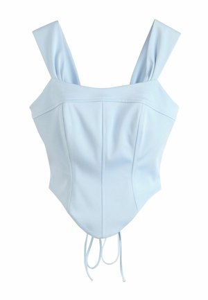 Light blue sleeveless corset-style top with wide straps, panel seams, and ribbon ties hanging from the bottom hem.
