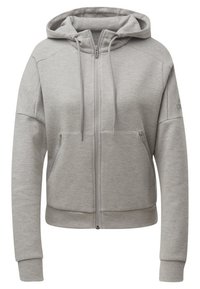 Sweat à capuche zippé gris clair avec cordon de serrage, deux poches avant zippées, manches longues, et poignets et ourlet côtelés.