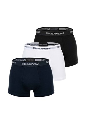 Drei Paar Emporio Armani Herren-Boxershorts in Schwarz, Weiß und Marineblau mit gebrandeten Bund.