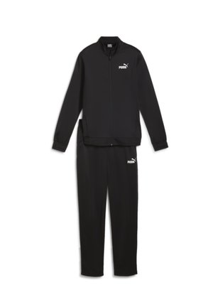 Tuta nera composto da una giacca con zip e pantaloni coordinati. Realizzato in tessuto liscio con un logo bianco su entrambi i capi.