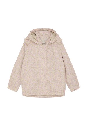 Veste de pluie rose clair avec un motif floral, dotée d'une capuche, de manches longues et d'une coupe droite. Fabriquée en matériau résistant à l'eau.