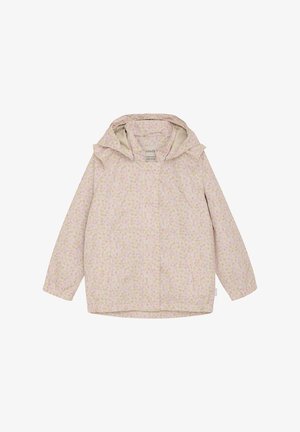 Veste de pluie rose clair avec un motif floral, dotée d'une capuche, de manches longues et d'une coupe droite. Fabriquée en matériau résistant à l'eau.