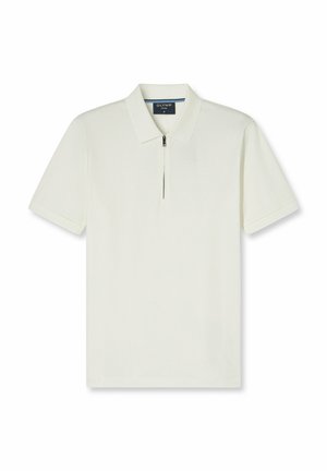 Kurzärmliges Poloshirt in Creme, mit Reißverschlusskragen, weicher Textur und gerader Schnittführung. Minimalistischer Stil ohne Muster.