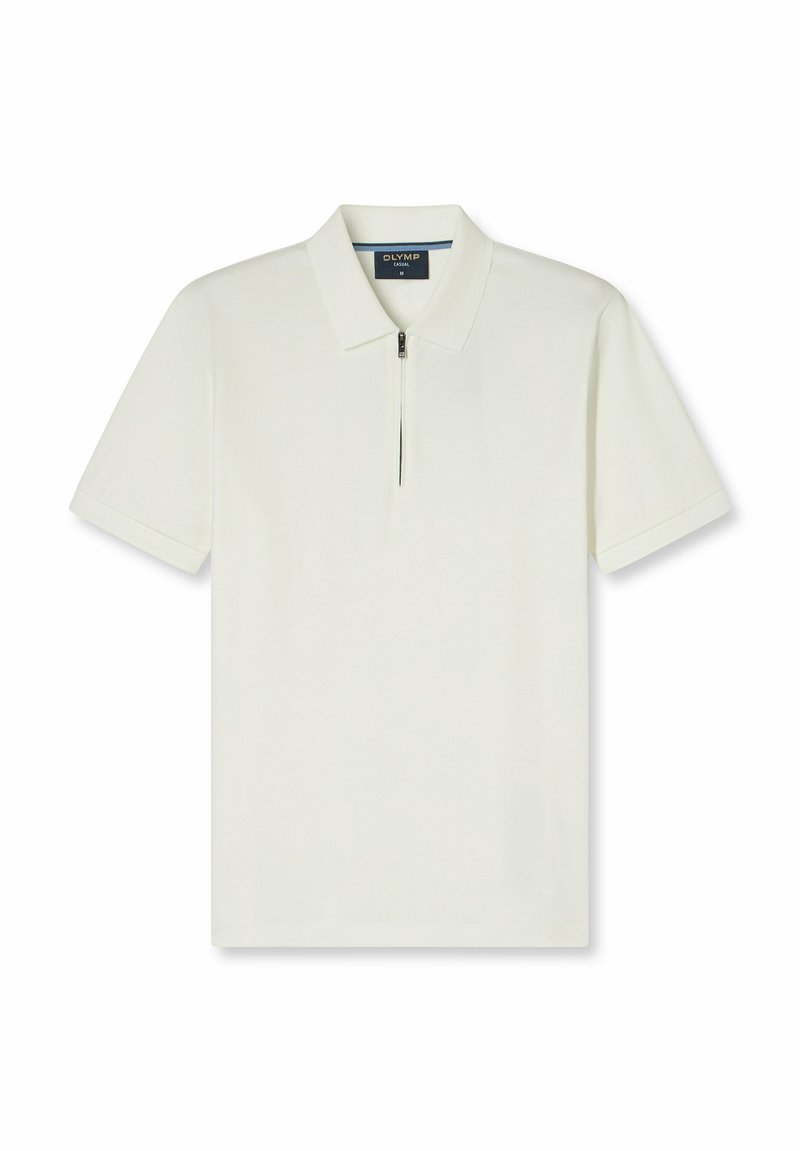 Kurzärmliges Poloshirt in Creme, mit Reißverschlusskragen, weicher Textur und gerader Schnittführung. Minimalistischer Stil ohne Muster.