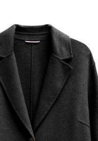 Dunkelgrauer Wollmischung-Blazer mit Reverskragen, Einzelknopfverschluss und glatter Textur. Mit einer einzelnen vorderen Tasche versehen.