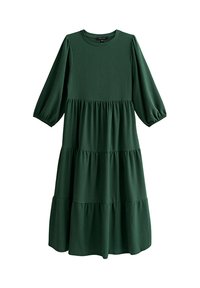 Grünes, gestuftes Kleid mit dreiviertellangen Ballonärmeln, Rundhalsausschnitt und gerippter Textur. Hergestellt aus weichem, fließendem Stoff.