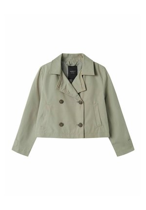 Cropped, double-breasted jacket in light gray-green fabric. Features wide lapels, two front buttons, and side pockets. Long sleeves.