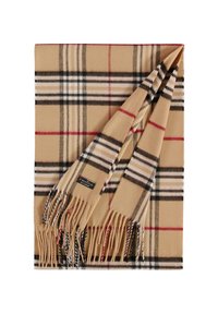 Sciarpa a scacchi beige realizzata in tessuto morbido, con righe nere e rosse, rifinita con frange e un'etichetta con logo in un angolo.