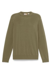 Maglione verde oliva in morbido tessuto a maglia, con scollatura rotonda e polsini e orlo a costine. Piccolo logo ricamato sul petto.