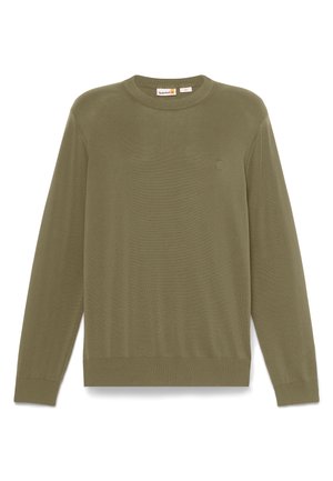Maglione verde oliva in morbido tessuto a maglia, con scollatura rotonda e polsini e orlo a costine. Piccolo logo ricamato sul petto.