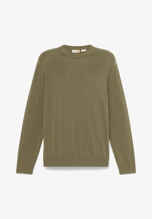 Olive green sweater in soft knit fabric, featuring a round neckline and ribbed cuffs and hem. Small logo emblem on the chest.