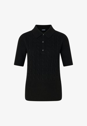 Schwarzes, kurzärmeliges Strick-Poloshirt mit Zopfmuster, drei Knöpfen und geripptem Saum, Kragen und Ärmelsäumen.