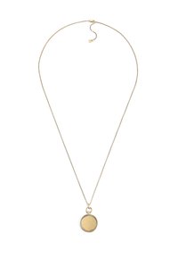 Collier en ton or avec une fine chaîne et un pendentif circulaire présentant une surface lisse et polie. Longueur réglable avec un fermoir.