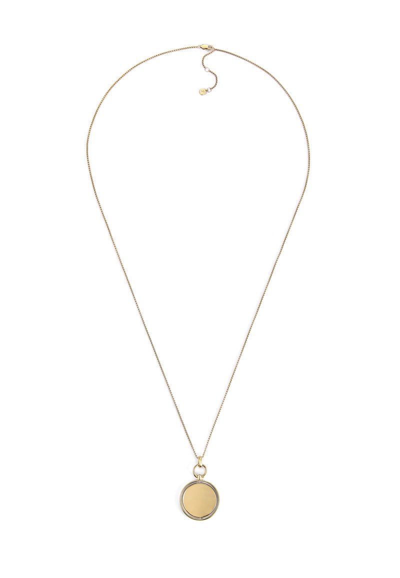 Collier en ton or avec une fine chaîne et un pendentif circulaire présentant une surface lisse et polie. Longueur réglable avec un fermoir.