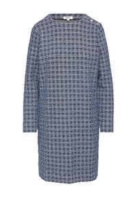 Robe à carreaux bleu marine et blanche pour femme, en tissu texturé, avec des manches longues et un détail de bouton sur l'épaule. Design décontracté.