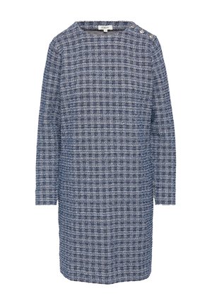 Navy- und weiße karierte Damenkleid, aus strukturiertem Stoff, mit langen Ärmeln und Knopfdetail an der Schulter. Lässiges Design.