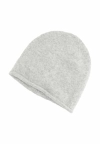 Berretto a cuffia grigio lavorato a maglia con una texture morbida, parte superiore arrotondata e bordo arrotolato. Design minimalista senza motivi o accenti.