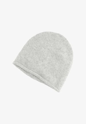 Gray knitted beanie hat with a soft texture, rounded top, and a rolled-up edge. Minimalist design with no patterns or accents.