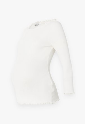 Weißes, geripptes Schwangerschaftsoberteil mit langen Ärmeln, gerafftem Ausschnitt und figurbetontem Design. Weicher Stoff, der auf einen wachsenden Bauch abgestimmt ist.