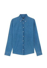Camicia in denim blu con colletto a punta, maniche lunghe e bottoni frontali. Il tessuto presenta una finitura texturizzata con un taglio classico.