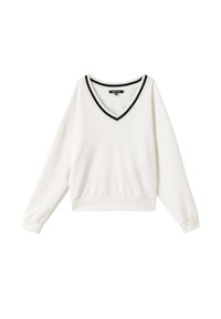 Sudadera blanca de manga larga, con cuello en V y acentos de canalé negro en el escote y los puños. Fabricada con un material suave y liso.