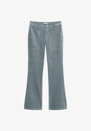 Flared pants in a soft, muted blue fabric. Features two large front pockets, button closure, and a smooth texture with a casual design.