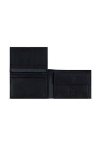 Schwarzes Lederportemonnaie mit strukturiertem Finish, offen und zeigt mehrere Kartenfächer sowie ein Fach mit Klappe. Mit geprägtem Löwenlogo.