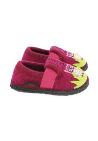 Bordeauxrote Filzschlappen mit grüner und pinker Eulenstickerei, ausgestattet mit elastischen Seitenträgern und schwarzen Gummisohlen für besseren Halt.