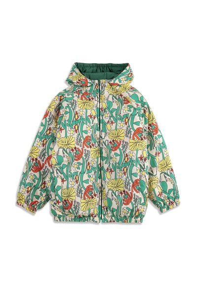 Capuchonjack met ritssluiting aan de voorkant, elastische manchetten en zoom, met een kleurrijk bloemmotief in geel, groen, oranje en witte tinten.