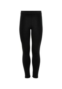 Leggings noirs en tissu lisse et extensible. Ils ont une silhouette ajustée et une taille élastique sans coutures visibles.
