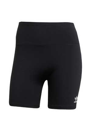 Pantalones cortos deportivos negros con una cintura alta, hechos de tela lisa y elástica, con un pequeño logo blanco en el lado inferior izquierdo.