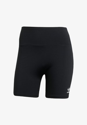 Crne sportske hlače s visokim pojasom, izrađene od glatkog, rastezljivog materijala, s malim bijelim logotipom na donjem lijevom dijelu.