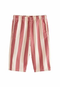 Shorts rayés rouge et crème, fabriqués en tissu léger. Dotés d'une taille élastique et de jambes droites.