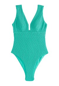 Tugevast türkiissinisest ühes tükis ujumistrikoo, millel on sügav V-kaelus, tekstuuriga zigzag-muster ja laiad õlapaelad.