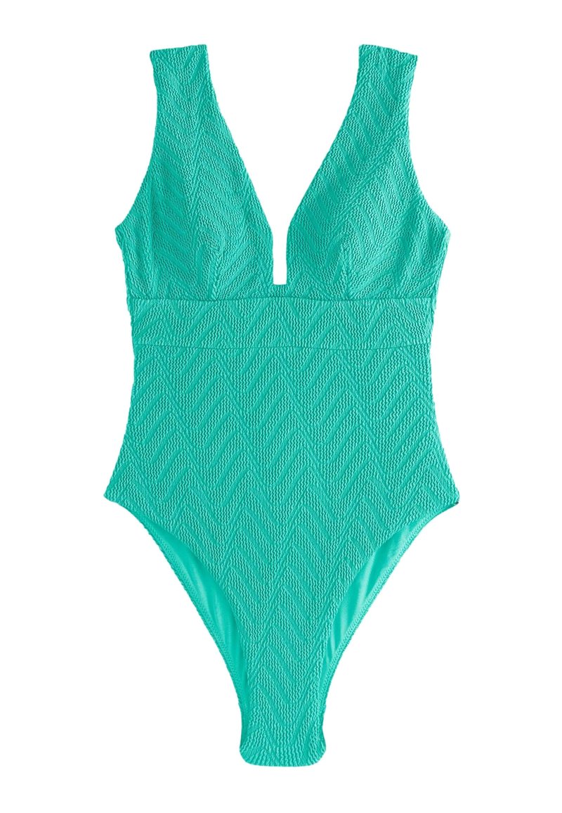 Tugevast türkiissinisest ühes tükis ujumistrikoo, millel on sügav V-kaelus, tekstuuriga zigzag-muster ja laiad õlapaelad.