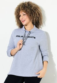 Sudadera gris con cuello de embudo, mangas largas y texto "POLAR LIGHTS" en negro. Cuenta con un cordón en el cuello y una textura suave.