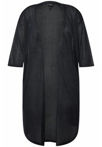 Černý kimono s otevřeným předním dílem a volnými rukávy; průsvitná, lehká tkanina; rovný střih; minimalistický design bez zapínání nebo ozdob.