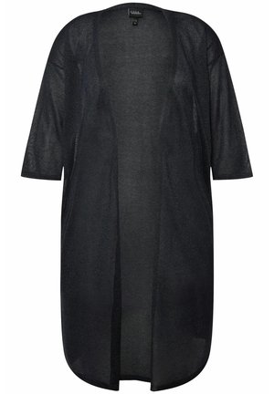 Černý kimono s otevřeným předním dílem a volnými rukávy; průsvitná, lehká tkanina; rovný střih; minimalistický design bez zapínání nebo ozdob.