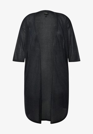 Zwarte, open voorkimono met losse mouwen; doorschijnende, lichte stof; rechte snit; minimalistisch ontwerp zonder sluitingen of versieringen.