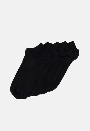 Sorte svarte bomull ankelsokker, fem par, med ribbestruktur på mansjetten og myk tekstur for komfort. Hver sokk har en enkel, sømløs finish.
