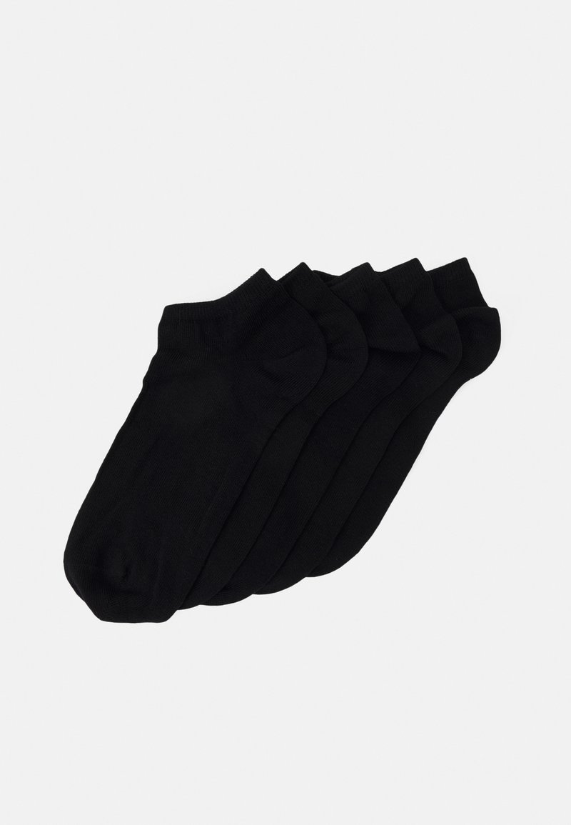 Meias de algodão pretas até ao tornozelo, cinco pares, com um design de punho canelado e textura suave para conforto. Cada meia apresenta um acabamento simples e sem costura.
