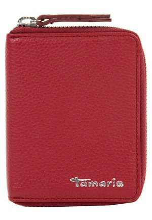 Red leather wallet with a textured finish, zip closure, and silver logo accent. Compact square shape for easy handling and storage.