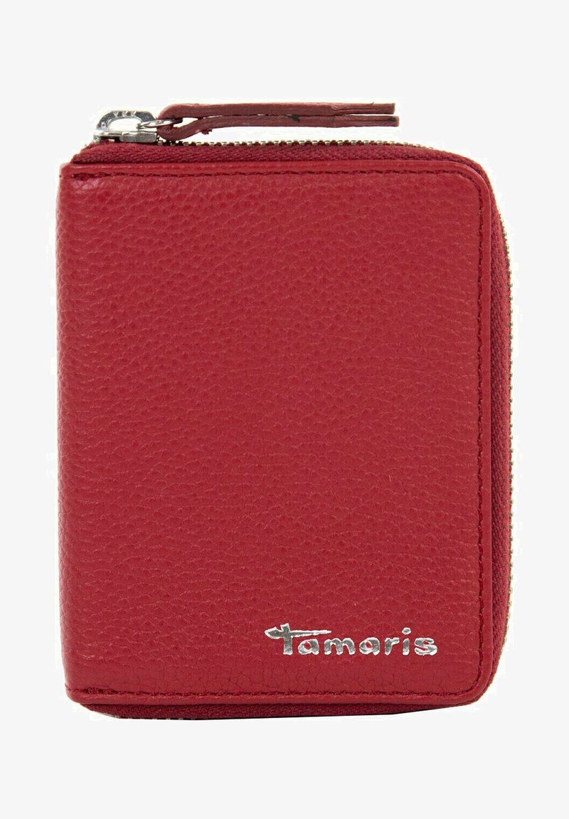 Czerwony skórzany portfel o teksturowanym wykończeniu, z zamknięciem na zamek błyskawiczny i srebrnym akcentem logo. Kompaktowy kwadratowy kształt ułatwiający użytkowanie i przechowywanie.