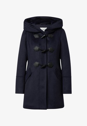 Marineblauer Wollmantel mit Kapuze, ausgestattet mit schwarzen Knebelverschlüssen, zwei Fronttaschen und einem geraden Schnitt. Weiche Textur.