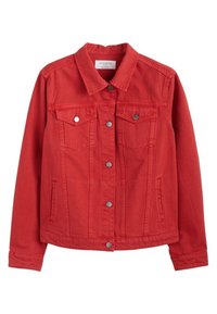 Rød denimjakke med lange ærmer, knaplukning foran, to brystlommer og sidelommer. Har metalknapper og en klassisk krave.