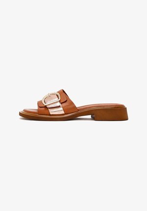 Brown leather slide sandal featuring a metallic gold buckle, flat heel, and a smooth design with a contrasting light brown band across the front.