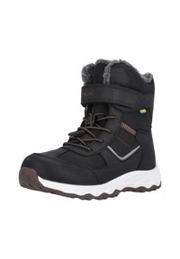 Schwarzer wasserdichter Stiefel mit grauem Futter aus Fell, Schnürung und Klettverschluss, strukturiertem Stoff, Gummisohle und reflektierenden Akzenten.